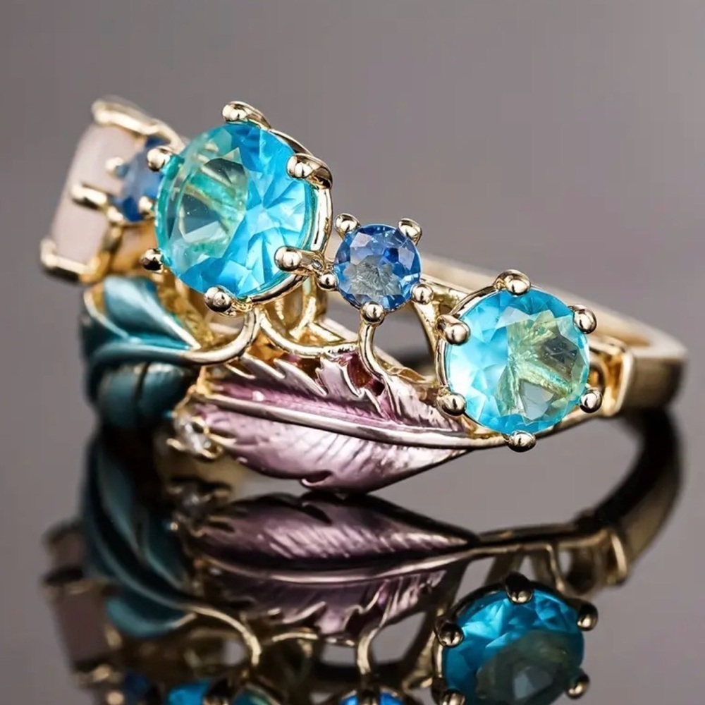 Blue & Pink Stone Feather Statement Gold Tone Ring (R32) - Picture 5 of 6